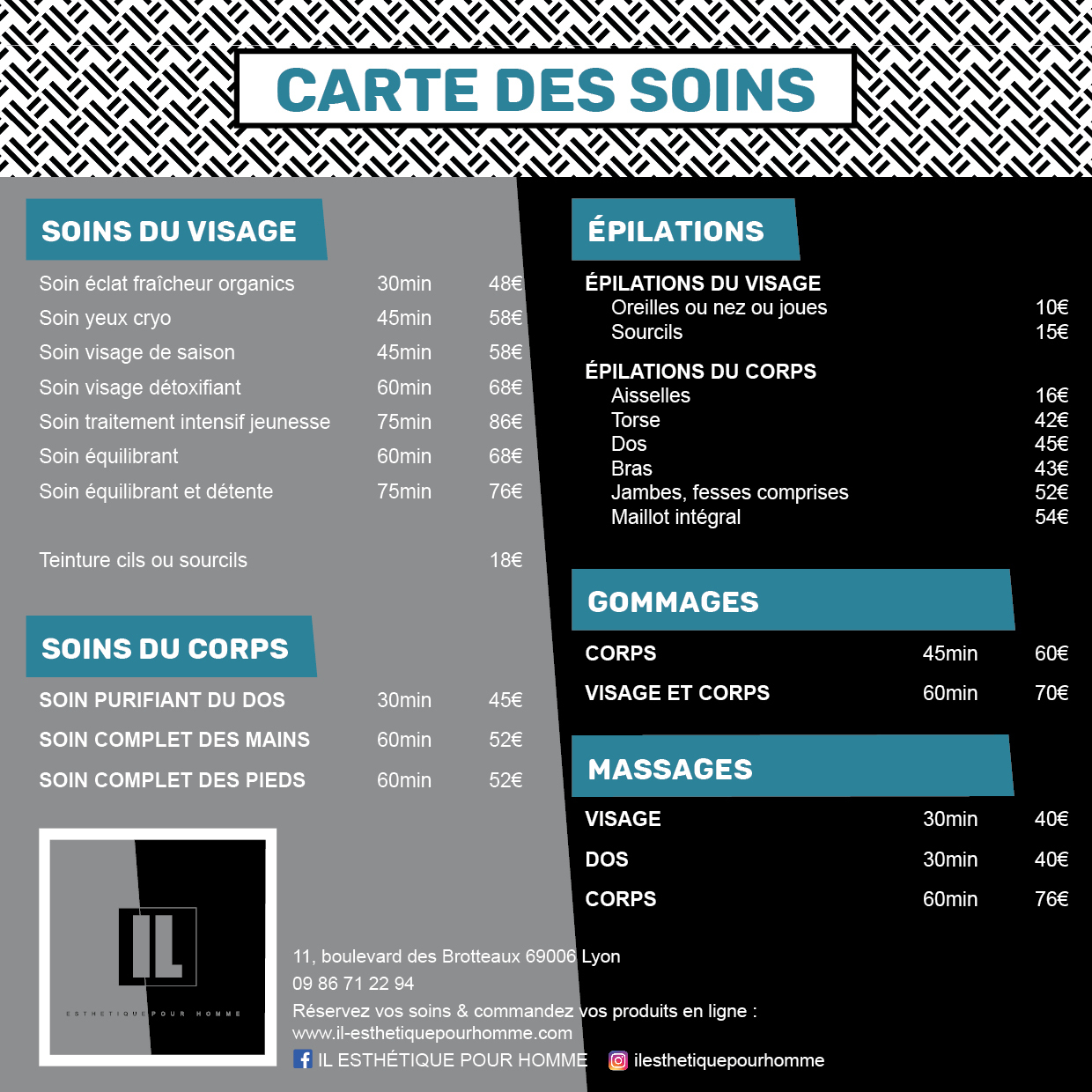 Carte des soins IL Esthétique Pour Homme